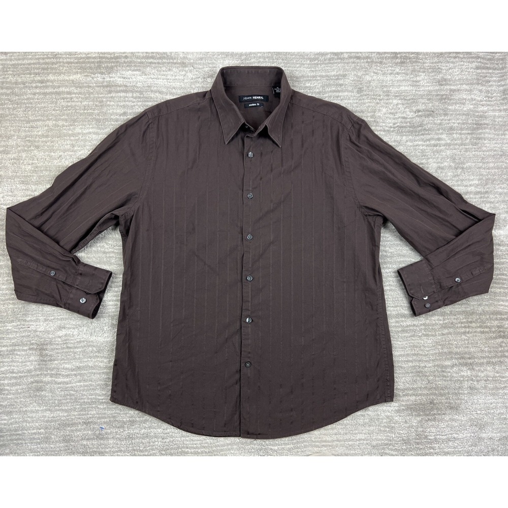 John Henry Button Down Mens XL Brown Modern Fit Tonal Stripe Long Sleeve Cotton